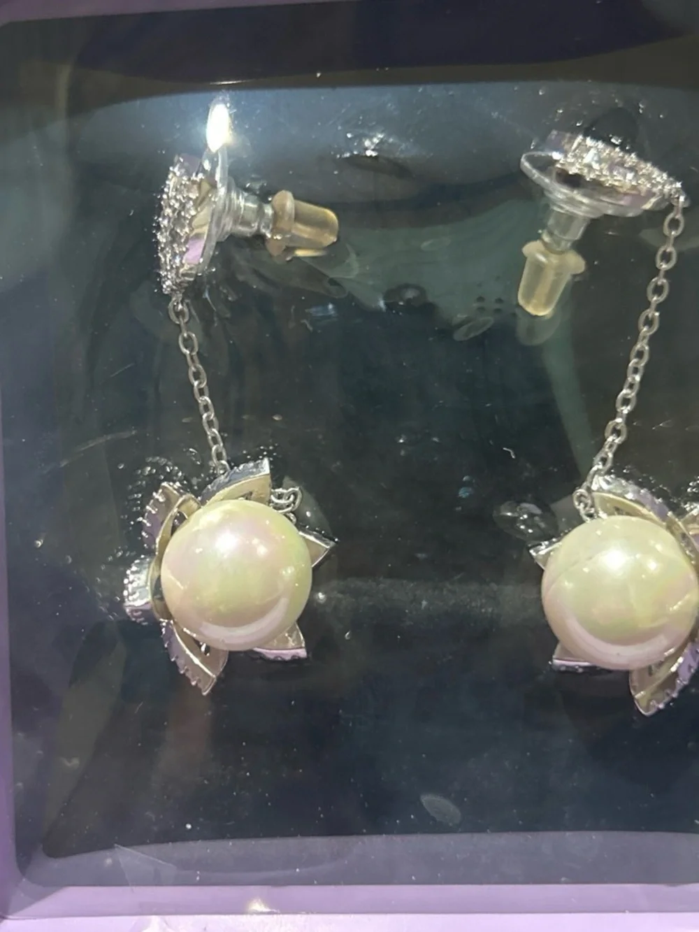 Elegant Silver color faux Pearl Drop Earrings with Crystal Accents